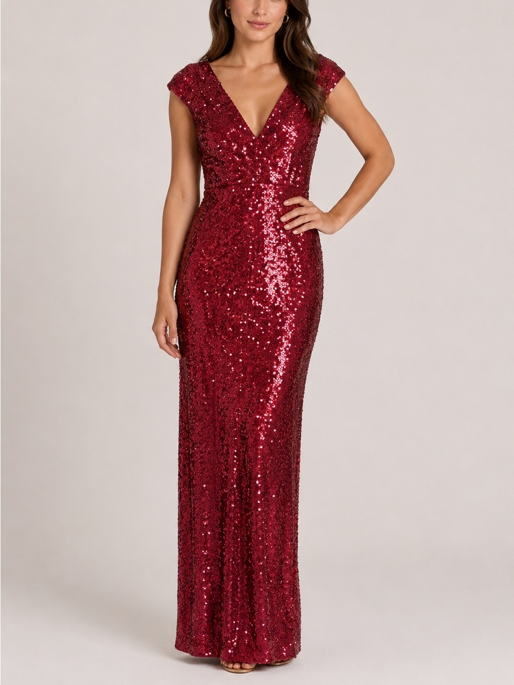 Bariano Australia Red Sequin Floor Length Maxi Dress Sleeveless Cap Sleeve 12